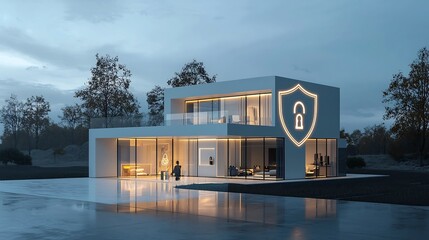 Aufkleber - Glowing padlock and shield icons overlaying a modern smart home symbolizing the secure and advanced protection features of a state of the art home automation system