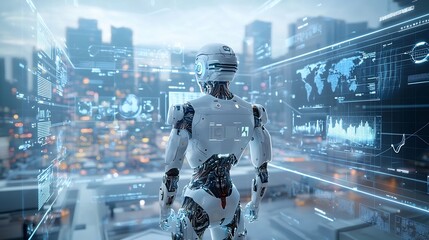 Aufkleber - Cybernetic human with robotic limbs standing in a high tech city surrounded by holograms and advanced digital displays depicting the future of human robot and technological progress