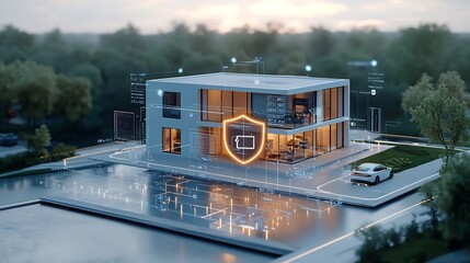 Fototapete - Secure Smart Residence with Glowing Digital Protection Shield and Lock Icon Overlay Highlighting Advanced Cybersecurity and Access Control