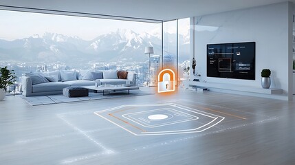 Aufkleber - Cutting Edge Smart Home Security and Privacy Representation with Bright Padlock and Shield Icon Superimposed on Modern Home Technology