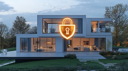 Poster - Secure and advanced modern home exterior with a superimposed glowing padlock and shield icon showcasing the latest in digital home security and automation technology