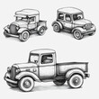 © sun - Vintage Hand-Drawn Illustrations of Three Classic Cars, Featuring a Pickup Truck and Compact Vehicle Designs in Detailed Sketch Style
