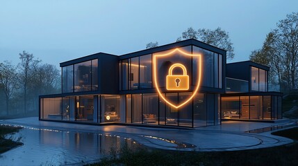 Aufkleber - Secure and Advanced Modern Home Exterior with Glowing Digital Lock and Shield Symbols Showcasing Cutting Edge Home Security Technology