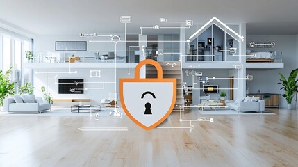 Aufkleber - Bright padlock and shield icon over a contemporary smart home symbolizing trusted security technology to protect and control digital devices appliances and systems in the connected home of the future
