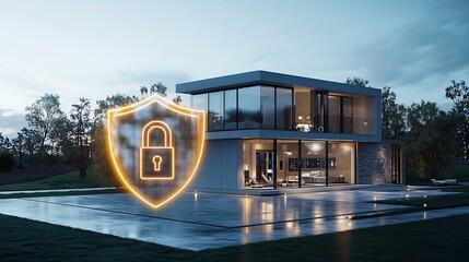 Aufkleber - Superimposed Glowing Padlock and Shield Icon Over Modern Home Representing Advanced Digital Security and Peace of Mind for Residential Properties