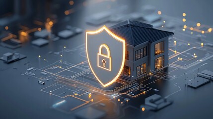 Aufkleber - Bright shield and lock icon overlaid on a smart home image illustrating the concept of secure technology and protection for connected devices and home automation systems