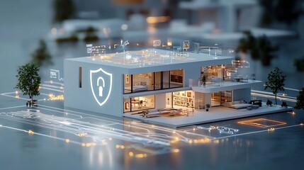 Fototapete - Glowing lock and shield symbol over a stylish minimalist smart home design conveying the concept of a secure and protected digital environment for modern connected living  This abstract