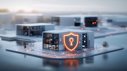 Poster - Iconic glowing padlock and shield hovering over a secure smart home symbolizing trusted and advanced digital protection and cybersecurity