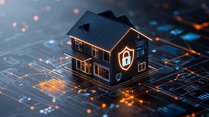 Aufkleber - Futuristic Smart House with Glowing Padlock and Shield Icon Representing Advanced Digital Protection and Automation Technology