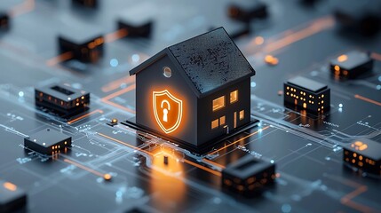Aufkleber - Secure and Intelligent Smart Home with Glowing Digital Protection Icons Symbolizing Advanced Home Automation Internet of Things and Cutting Edge Technology
