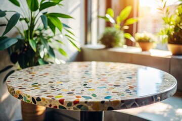 Poster - Elegant Round Terrazzo Table Top with Natural Light, Perfect for Modern Interiors and Stylish Decor - Ideal Copy Space for Branding and Creative Projects