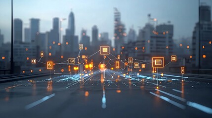 Leinwandbilder - A stunning futuristic digital network visualization featuring a dynamic arrangement of glowing data nodes connected by flowing light lines