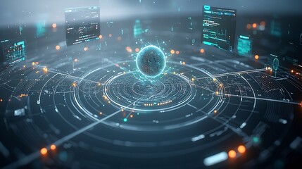 Fototapete - Floating holograms and flowing light lines creating a captivating visualization of seamless global digital connectivity illustrating the movement of data across networks and futuristic technology