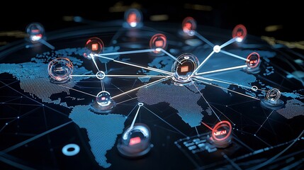 Leinwandbilder - Futuristic digital network with glowing data hubs and connecting light beams in an abstract futuristic space representing global connectivity and data flow  The image depicts a high tech