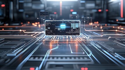 Fototapete - Holographic digital map with dynamic light streams linking data nodes depicting a visually striking concept of digital connectivity and data network