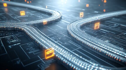 Poster - Interwoven light streams and glowing data nodes create a sense of flowing connectivity in this abstract digital network background  The futuristic
