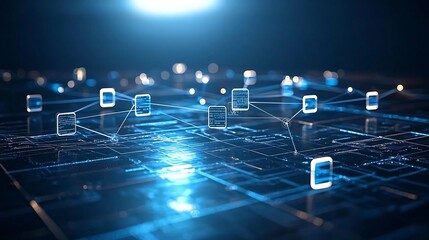 Poster - Smooth glowing abstract digital connectivity background with floating data points illustrating the concept of seamless information exchange and communication in a modern futuristic visual design