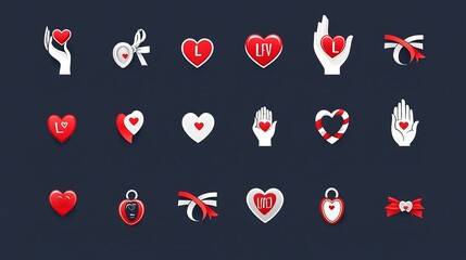 Fototapete - Stylized Collection of Love Symbols including Hand Hearts Ribbon Hearts and Heart Lockets Perfect for Romantic Holiday Designs