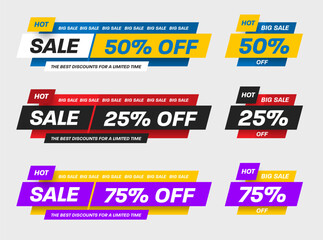 Poster - Vector illustration of banner big hot sale, 25%, 50%, 75% geometric shapes bright price tag, EPS10. Set