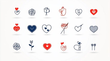 Poster - Minimalist and stylized icon collection featuring various love symbols like hearts roses and Cupid s arrow ideal for romantic Valentine s Day or wedding themed designs and projects