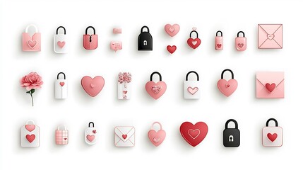 Poster - A visually appealing set of icons depicting various love themed elements such as heart shaped lockets love letters and pink hearts