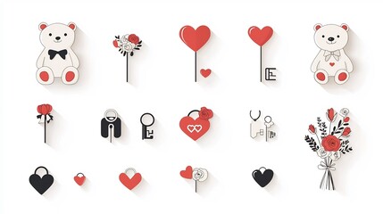 Poster - Charming and adorable featuring a collection of cute love themed icons including teddy bears heart shaped keys and bouquets of flowers