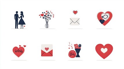 Aufkleber - Stylish and modern icon set featuring romantic design elements like couple silhouettes sparkling hearts and love letters perfect for Valentine s Day wedding and relationship themed applications