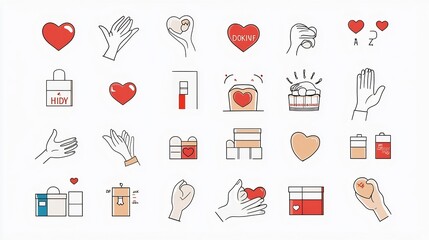 Poster - A collection of icons symbolizing the concepts of charity donation and giving  The icons feature hands holding hearts donation boxes and helping hands representing the ideas of kindness generosity