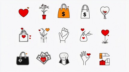 Poster - Minimalist icons depicting symbols of charitable donation support and humanitarian aid such as money bags love hearts and helping hands perfect for designs related to non profit organizations