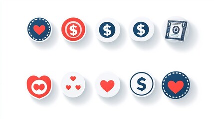 Poster - Collection of charity and donation icons including badges symbols and design elements like dollar signs with hearts representing community support humanitarian aid and nonprofit voluntary initiatives