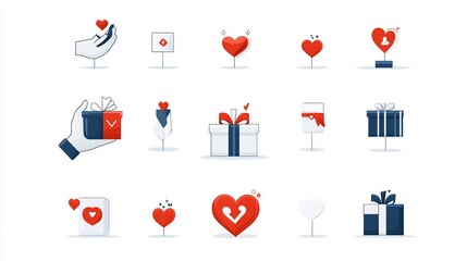 Poster - A set of icons in a clean minimalist geometric style representing charitable giving donation and altruistic gestures like a heart in hand gift donations and supportive actions
