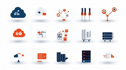 Leinwandbilder - A set of icons symbolizing the key elements and concepts of cloud computing and network hosting technologies including data clouds servers connection nodes and other related infrastructure