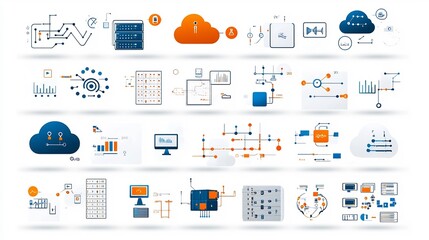 Leinwandbilder - Comprehensive icon set depicting essential elements of cloud based storage data transfer and digital connectivity infrastructure  Suitable for technology IT and business applications