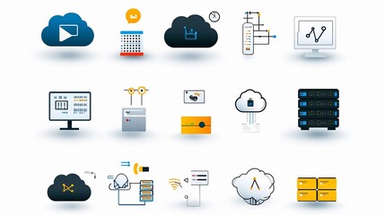 Fototapete - Clean Style Icons Representing Elements of Cloud Computing Networks Including Cloud Storage Encrypted Data and Server Connections for Digital Technology and Information Infrastructure