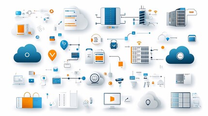 Aufkleber - Collection of clean and modern icons representing various elements of cloud computing networks including cloud storage encrypted data server connections and other technology infrastructure