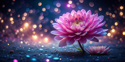 Poster - Enchanting Night Photography of a Dreamy Abstract Pink Flower with Soft Glow and Delicate Petals, Perfect for Artistic Decor and Nature-Inspired Designs