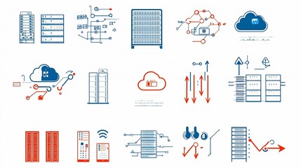 Aufkleber - Comprehensive set of icons representing various hosting and cloud storage concepts including server racks cloud links and data downloadupload arrows