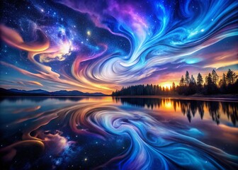 Poster - Enchanting Night Photography of Abstract Water Colors Blending in a Dreamlike Atmosphere with Vibrant Hues and Fluid Patterns Reflecting the Mystique of the Night Sky