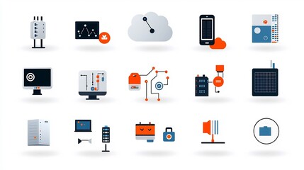 Fototapete - Comprehensive Icon Set for Cloud Computing and Hosting Solutions Featuring Symbols for Connected Devices Database Clouds and Secure Connections for Technology Digital and Business Applications
