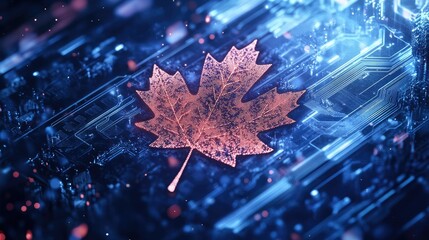 Poster - Digital Maple Leaf with Abstract Technology Background
