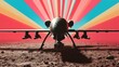 © Maximages  - A powerful drone equipped with cameras and weaponry is positioned dramatically against a background of vibrant rays, creating a dynamic and energetic visual impact.