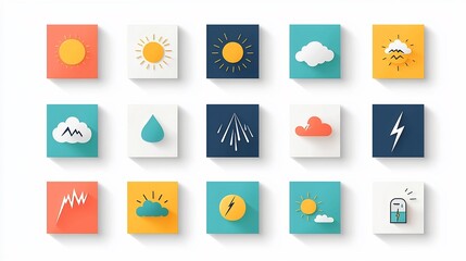 Fototapete - Vibrant set of icons depicting a range of weather phenomena including sun rain clouds and lightning in a bright and cheerful visual style