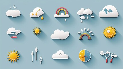 Fototapete - Comprehensive of a colorful weather icon set featuring a diverse range of atmospheric symbols such as cloudy skies snow rainbows and sun  Ideal for weather forecast applications dashboards