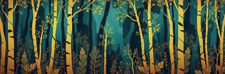 Wall Mural - Abstract forest tapestry featuring intricate patterns in gold and teal colors, artwork, gold, design