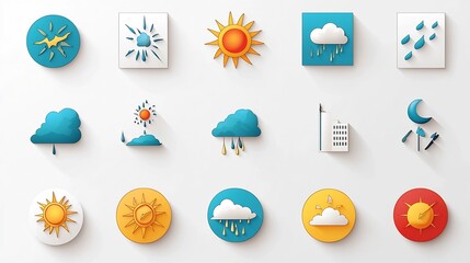 Aufkleber - Vibrant Weather Condition Icons for Digital Designs and Collection of Graphics Depicting Wind Fog Sunny Days and Thunderstorms in Vivid Colors