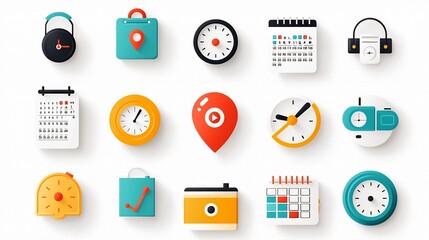 Leinwandbilder - A set of colorful icons and symbols representing various elements related to location time and date management including GPS markers alarm clocks and monthly calendars