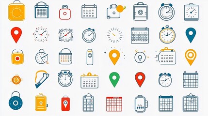 Poster - Vibrant and Colorful Set of Icons Representing Location Time and Date Elements for Use in Digital Interfaces User Experiences and Infographic Design