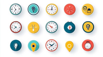Poster - Vibrant and modern icon set featuring various symbols and elements related to location time and date for use in digital interfaces infographics and app designs