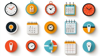 Poster - Vibrant collection of icons featuring various elements related to scheduling planning and navigation such as location pins clocks and calendar pages  Ideal for themes involving time management