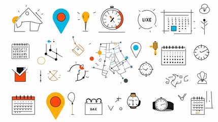 Poster - Bright and modern style icons featuring map markers wristwatches and event calendars   perfect for location time and date related interfaces apps and designs
